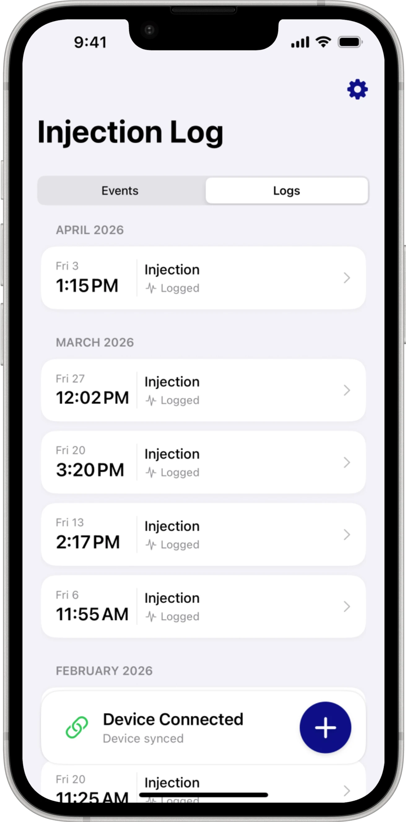 The Infusinator app's Injection Log: timestamped injections by month, with the wearable connected and synced