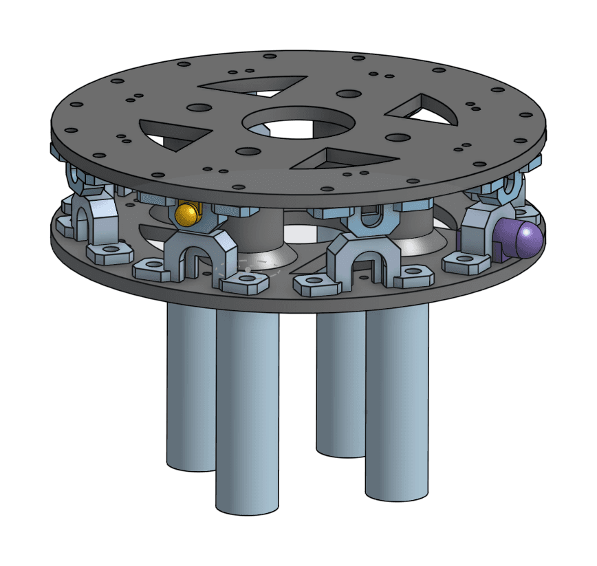 CAD model of the IR sensor ring: two stacked plates with sensor mounts around the edge, on four standoffs