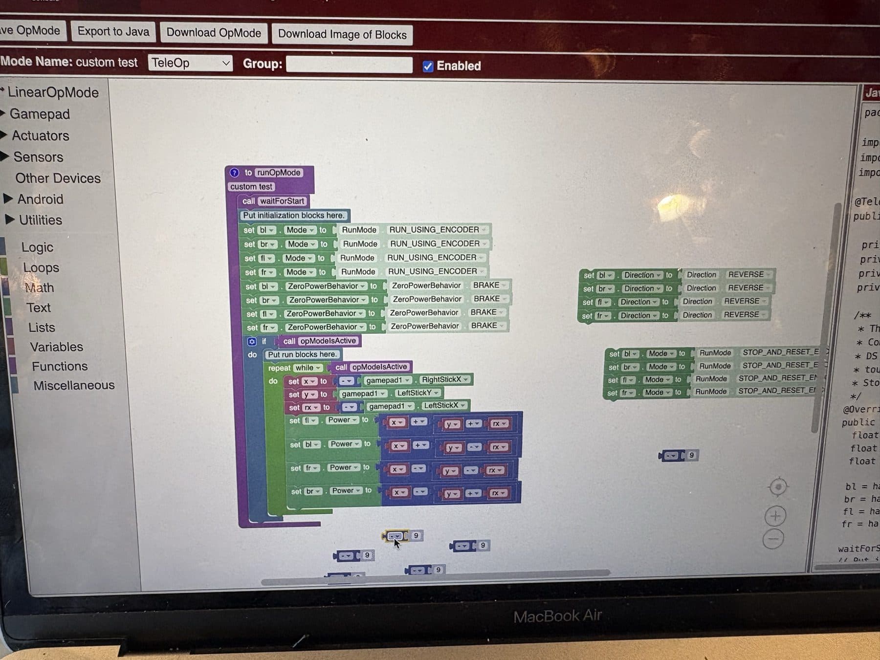 A mecanum-drive TeleOp program in FTC Blocks